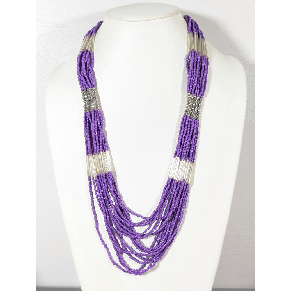 Beachy Boho Purple Beaded‎ Multi Strand Bib Statement Necklace 27"